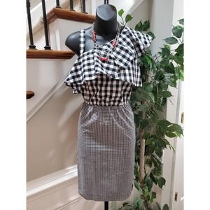 Calvin Klein Womens Black White One Shoulder Flounce Gingham Knee Length Dress 2